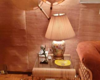 1970's Glass / Wicker Side Table w/ Japanese-Style Lamp, Double Fan Sconce - Fan Sconce SOLD