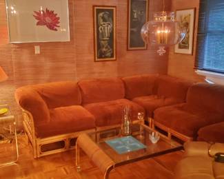 1970's Wicker Sectional, possibly by McGuire; glass and wicker tables