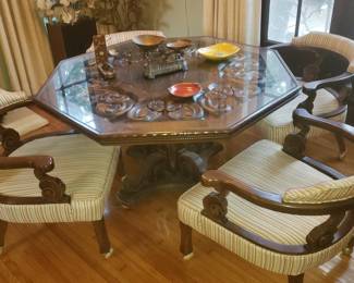 1970's Glass Top Carved Oak Game Table w/ 4 Club Chairs