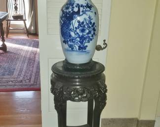 Antique Chinese Pierce-Carved Pedestal with a Tall Antique Chinese Vase