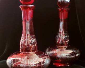 Pair, Very Fine Late-19th. C. Bohemian Etched Ruby Decanters