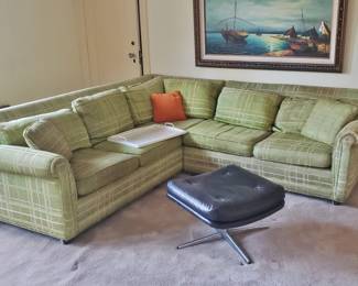 1970's Green Sectional Sofa; Mid-Century Black / Chrome Ottoman