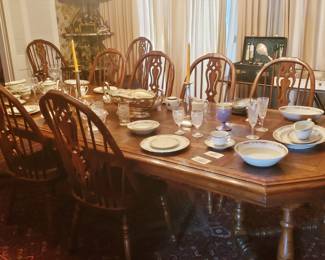 Large Parquetry Oak Dining Table for 12 with 12 Oak Windsor Chairs