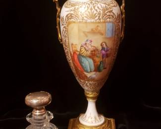 Antique Sevres Urn with Gilt Mounts, with an Antique Crystal Jar w/ Sterling Stopper