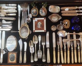 Assortment of Antique:  Bone-Handled Silverplate Fish-Dessert Set; Several Sets of Pearl Handled Knives; Antique Hand-Painted Miniature Portraits; Two Baccarat Blue-Crystal Shells; Victorian Man's Silverplate Chest-Pocket Snuff Box; Sterling Silver Salt Cellar; Japanese Gilt-Bronze Tsuba;  etc.