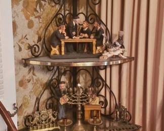 Iron / Brass Etagere with a collection of Menorahs and Judaica