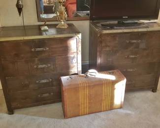 Dark Oak "Campaign" Dressers; Vintage Luggage