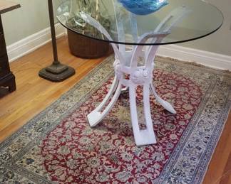 Small Persian Silk Rug; Mid-Century Iron Glass-Top Round Table