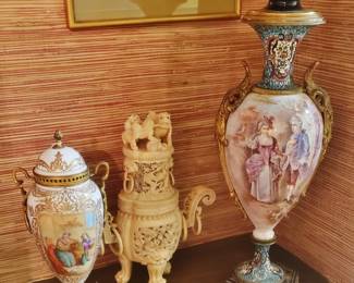 Two Late 19th. C. French Urns, taller one with Cloisonne, both with Gilt Fittings; with a Pierce-Carved Bone Censer.