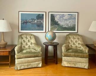 Broyhill MCM Green Velvet Tufted Swivel Chairs