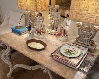 Carved Italian table, Staffordshire figures, MacKenzie Childs, Majolica