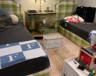 Custom twin beds, horse/dog scenic cabinet