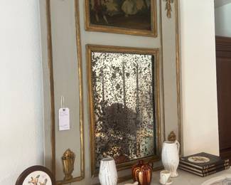 French Louis XVI style Trumeau mirror, slip covered swivel chair