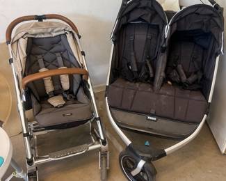 Thule double stroller, Mamas and Papas single stroller, Peg Perego high chair 