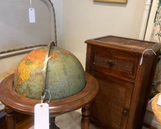 Vintage globe, French floral painted and carved twin headboard and footboard with side rails