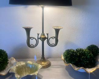 French horn brass lamp, MacKenzie Childs bowls