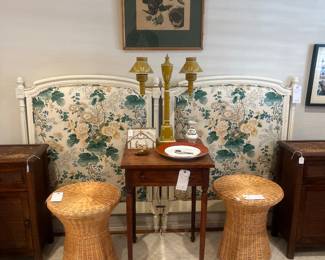 King or two twin headboards, cane side tables, wicker side tables, antique single drawer table