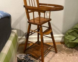 Vintage antique wooden baby high chair