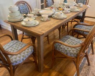 Farmhouse style rustic dining table, 6 rattan French bistro chairs (2 armchairs)