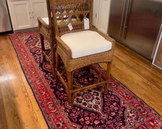 3.5’ x 10.5’ runner, set of two counter height rattan bar stools