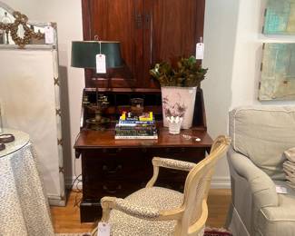 Antique secretary desk, French came back accent chair, antique French bouillote lamp