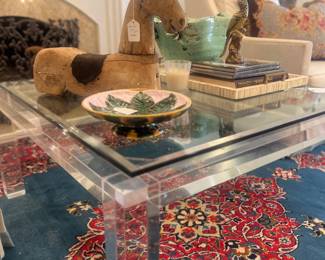 Glass and acrylic coffee table, Majolica, primitive horse decor