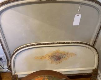 French floral painted and carved twin headboard and footboard with side rails