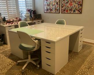 13’ x 10’ antelope, white desks with multiple configurations