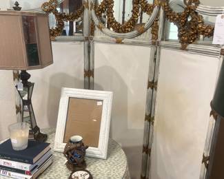 French screen, skirted glass top table