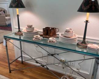 Console table, pair of lamps, Moscow mule cups, Johnson Brothers “Barnyard King”