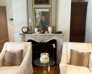 French Louis XVI style Trumeau mirror, slip covered swivel chair, acrylic side table