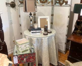 French screen mirror, mirrored side table, slipcovered side table