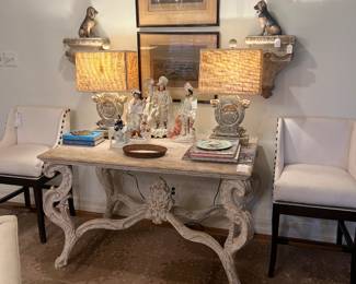Carved Italian table, 19th century prints by Henry Thomas Allen (4 available), 2 counter height barstools