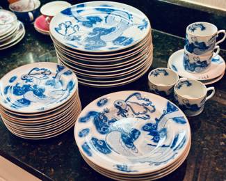 “Blue Dragon” Vista Allegre Porcelain. Dinner plates, Salad plates, Soup bowls and cups