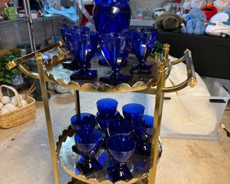 Blue Acrylic Glasses & Pitcher, Three tiered Cocktail Cart