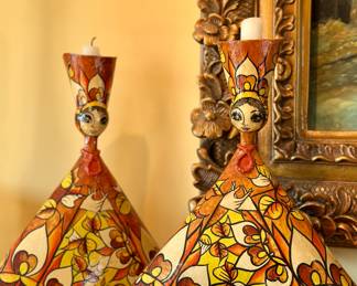 Mexican folk art paper mache candlestick holders signed Abelardo Ruiz.