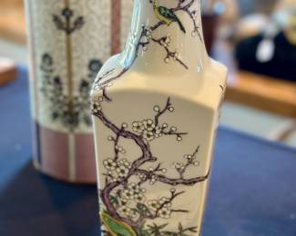 Vintage Fabienne Jouvin (Paris) covered cloisonné canister (rear) and vintage handpainted Neiman Marcus vase (foreground) 