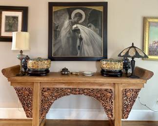 Ming style alter table (96x22.5x37); Slag Glass Lamp Rainaud Co; pair Chinese Cloisonee Enamel Boxes with Covers/Jade Inserts, art by  Louis A. Tessier