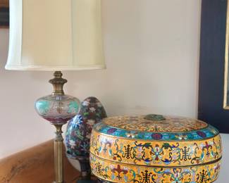 Pair of Chinese cloisonné covered boxes with jade inserts