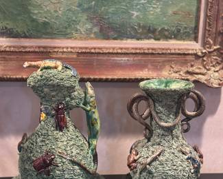 Palissy style Manuel Mafra majolica ewer and vase