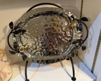 Michael Aram pomegranate silver and gold serving tray. Oxidized brass, stainless steel, aluminum and 24 karat gold plating on pomegranates.