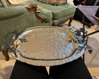 Michael Aram pomegranate silver and gold serving tray. Oxidized brass, stainless steel, aluminum and 24 karat gold plating on pomegranates.