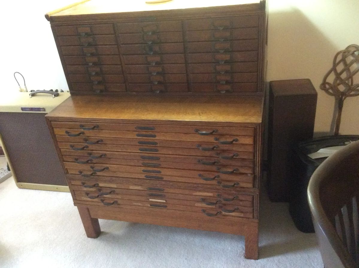 ANTIQUE OAK 16 DRAWER MAP FLAT FILE CABINET -5 SECTION STACKING