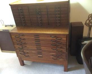 ANTIQUE OAK 16 DRAWER MAP FLAT FILE CABINET -5 SECTION STACKING