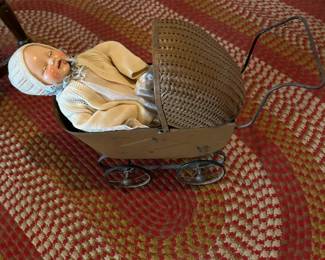 1920's EIH Co Inc Horseman Composition Sleep Eyes Baby w/ clothing and Wicker Iron Baby Doll Carriage Stroller