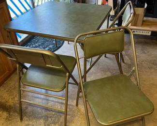 Vintage Folding Table and Chairs. Dining Set-MCM Folding Card Table & 4 Chairs-Green -Retro Kitchen-Mid Century Patio Furniture