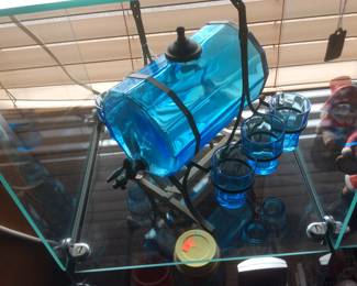 Antique Blue Whiskey Dispenser & Shot Glasses w/ wire carrier display