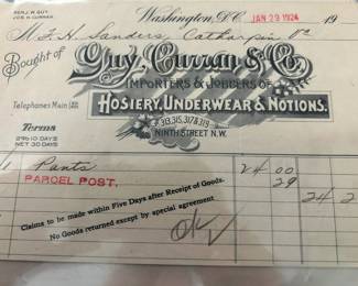 Guy Curran Hosiery Underwear Washington DC. 1924 EPHEMERA from 1924!!