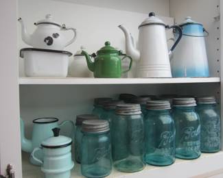 Vintage Enamel Ware & Vintage Ball, Blue Mason Jars