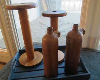 Vintage 12" Wooden Yarn Spools - Two Antique Stoneware Jugs (old glazed German clay)